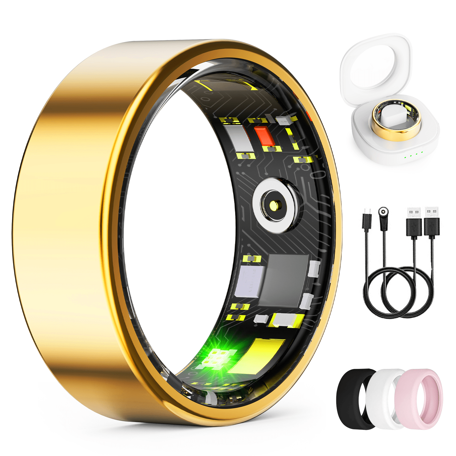 WEPMOUS Smart Ring for Men & Women, Gold Smart Ring with App Connection, IP68 Waterproof Wearable Ring, 10+ Sports Modes, Charging Case, 5-7 Day Battery Life, Size 6