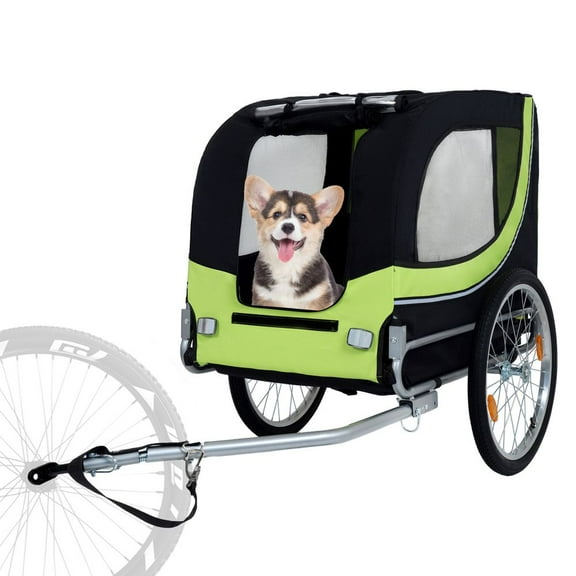 LUMAMIN Dog Bike Trailer, Large Folding Bike Trailer for Dogs, 66LB Capacity All-Terrain Steel Pet Stroller Cart Bicycle Carrier with 3 Zippered Entrances, Black Green