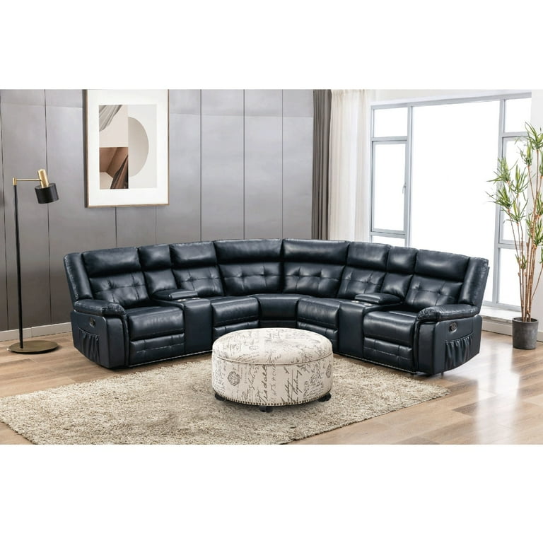 2 Piece Living Room Set PU Leather Sectional Sofa Set with Caster Ottoman 5 Seater Home Theater Sofa with Beige Storage Ottoman Reclining Couch with Cup Holders Deep Blue Walmart