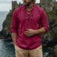 thumbnail image 5 of BVWKPCV Renaissance Men Costume Shirt Line Cotton, Medieval Pirate Tunic Lace-Up Viking Blouse Wine L, 5 of 5