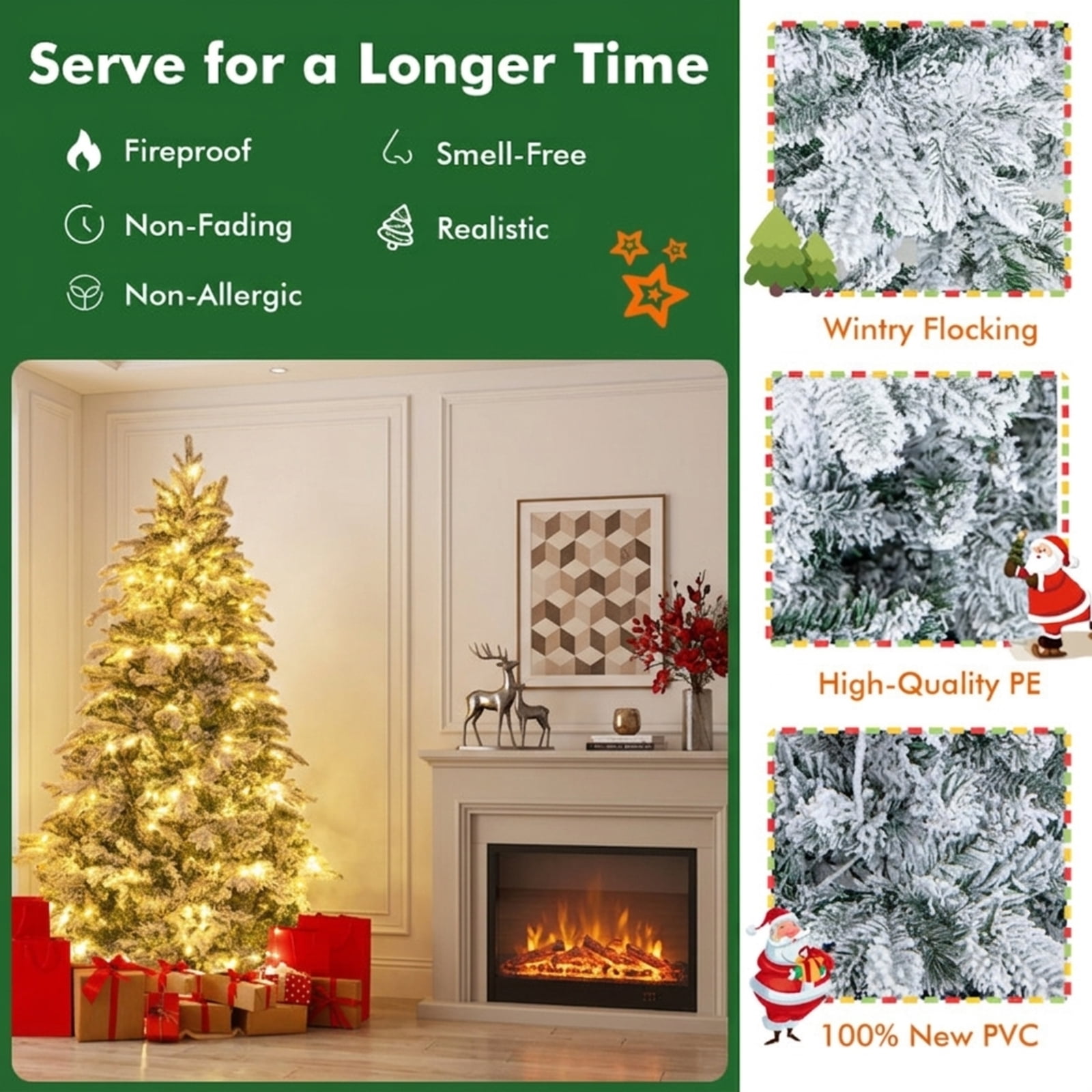 RUIE, 6 ft, Artificial Christmas Tree, with 260 LED Lights, 1415 Branch Tips, White & Green Holiday Xmas Tree for Indoor Home Office Decoration