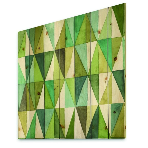 Designart 'Green Geometric Triangle III' Mid-Century Modern Transitional Print on Natural Pine Wood