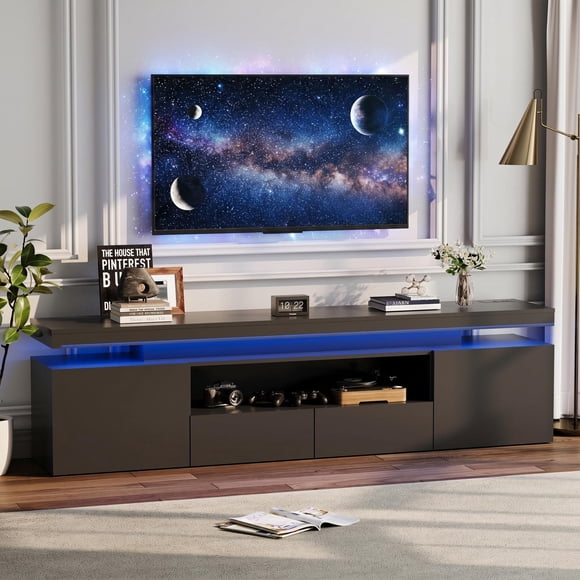 LED TV Stand for 75/80/85 Inch TV, 74in Large Media Console Table Modern High Gloss Entertainment Center with Power Outlets, RGB LED Lights & Glass Storage Shelves for Living Room