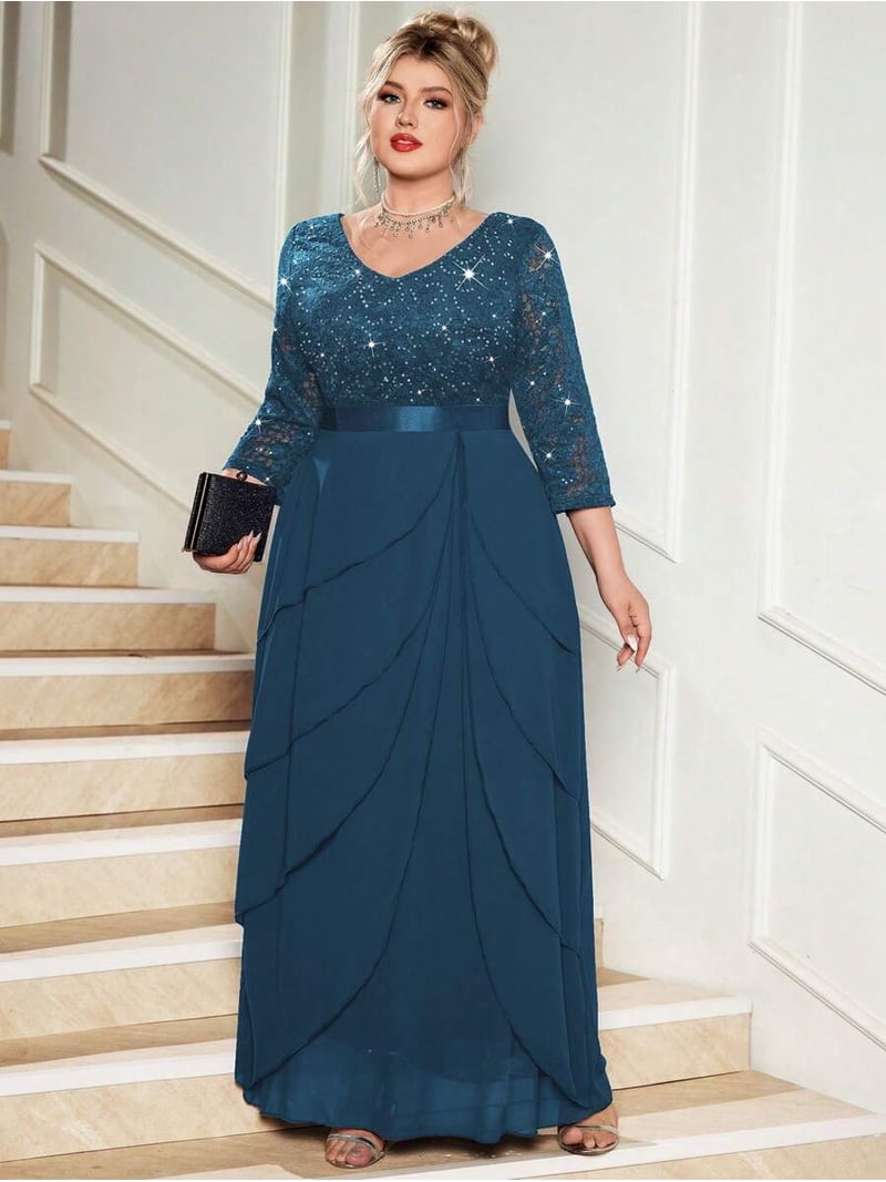 dusty blue dresses for wedding guest with sleeves Plus Size V-Neck Sequin Lace 3/4 Sleeve Ruffle Hem Chiffon Maxi Dress Formal Party Ideal for wedding guest style:Long Dresses Color:COPPER wedding guest dusty blue casual dress Michael Costello x REVOLVE