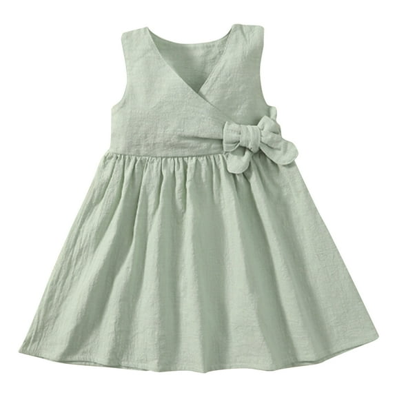 Zpanxa Girls Wrap Front Sleeveless Cotton Dress, Kids Bow Waist Casual A-Line Sundress for Daily Wear Green 5-6 Years
