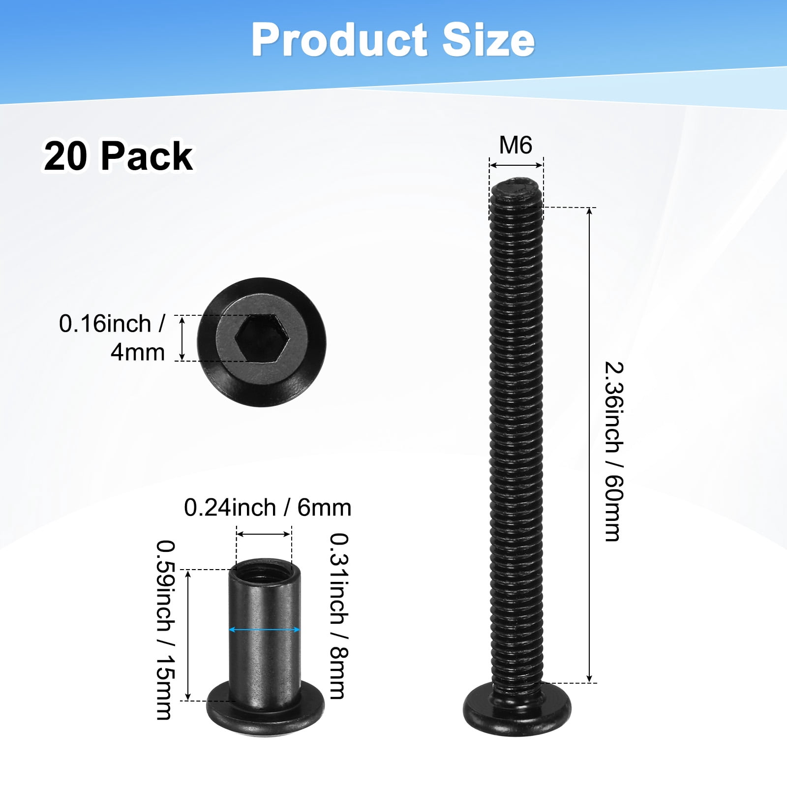 Uxcell 20-Pack Hex Drive Socket Cap Bolt M6 x 60mm Carbon Steel for Furniture