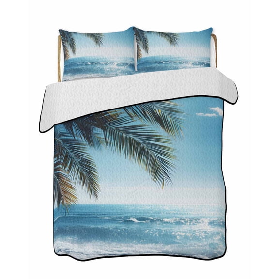 Full Size Quilt Bedding Set, Summer Palm Tree Reversible Summer Quilt 3 Pieces, Coastal Beach Waves Sunshine Tropical Plants Lightweight Bedspreads Coverlets with 2 Pillow Shams for All Seasons