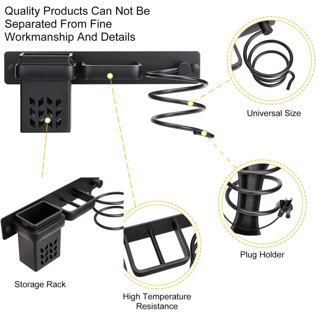 FlkwoH Secador De Pelo Baño Almacenamiento En Rack Accesorios Titular Organizador Conjunto Y Plancha De Pelo Accesorio De Montaje En Pared De Aluminio Profesional, Estante Con Agujeros Para Plata NegroA