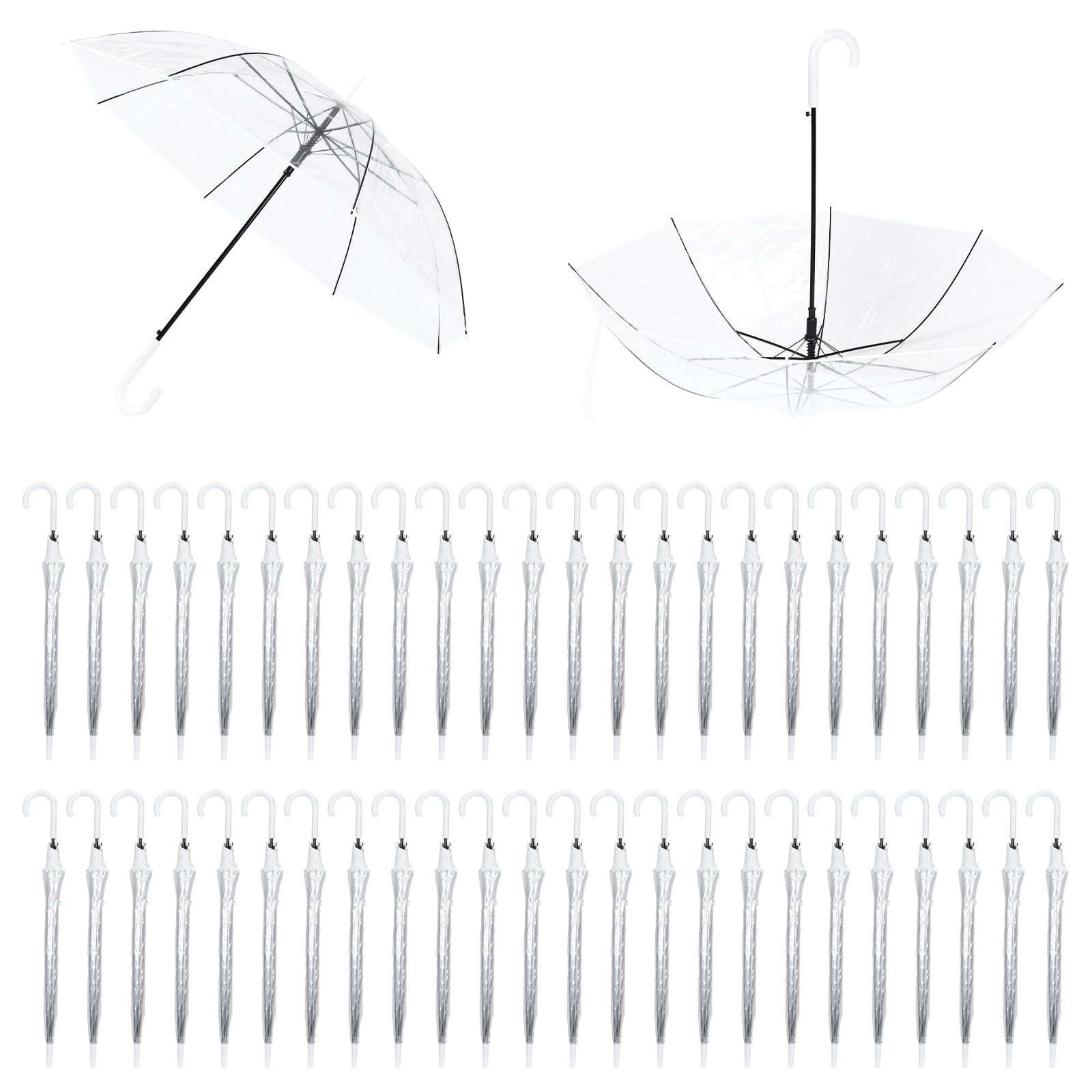 Qiyester 50-Pack Wedding Stick Umbrellas with J Hook Handle Auto Open Clear Umbrellas Bulk for Wedding Bride Groom Photography Golf Outdoor