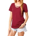 thumbnail image 5 of Nlife Women Criss Cross V Neck Short Sleeve Solid Color T-shirt, 5 of 7