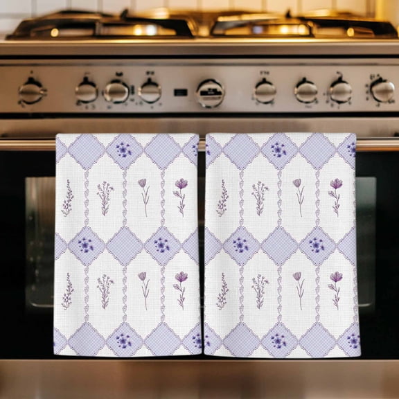 Purple Flowers Geometric Kitchen Towels Set of 4, Spring Floral Elegant Pastoral Absorbent Dish Towels for Kitchen, Microfiber Hand Towel, Quick Drying Tea Towel for Cleaning Decorative Dishcloths