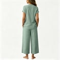 thumbnail image 4 of WULMLEO Women Floral Embroidery Notch Neck Sets Short Sleeve Linen Blend Top Wide Leg Cropped Pants 2 Piece Summer Casual Outfits Light Green 3XL, 4 of 7