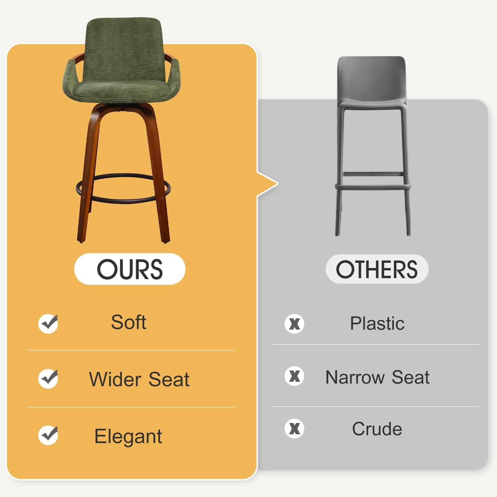 JULY'S SONG 26" Swivel Counter Height Bar Stools with Back Sets of 2, Mid Century Barstools with Wooden Legs, Green