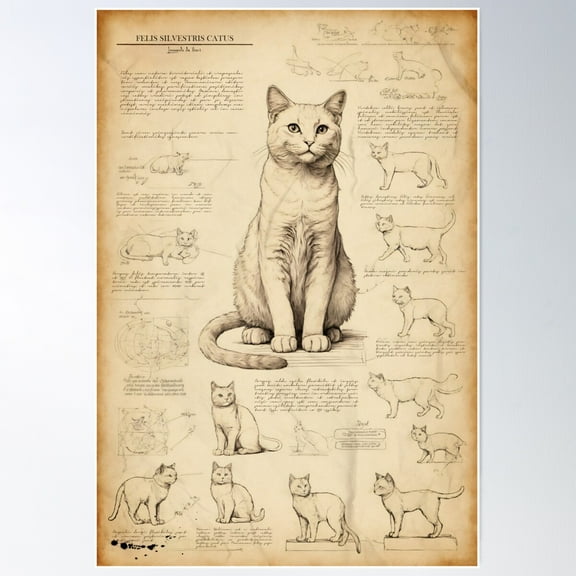 Felis Silvestris Catus V3 - Leonardo Da Vinci Drawing Poster Wall Art, Modern Wall Decor For Living Room Bedroom, 8x12 UNFRAMED
