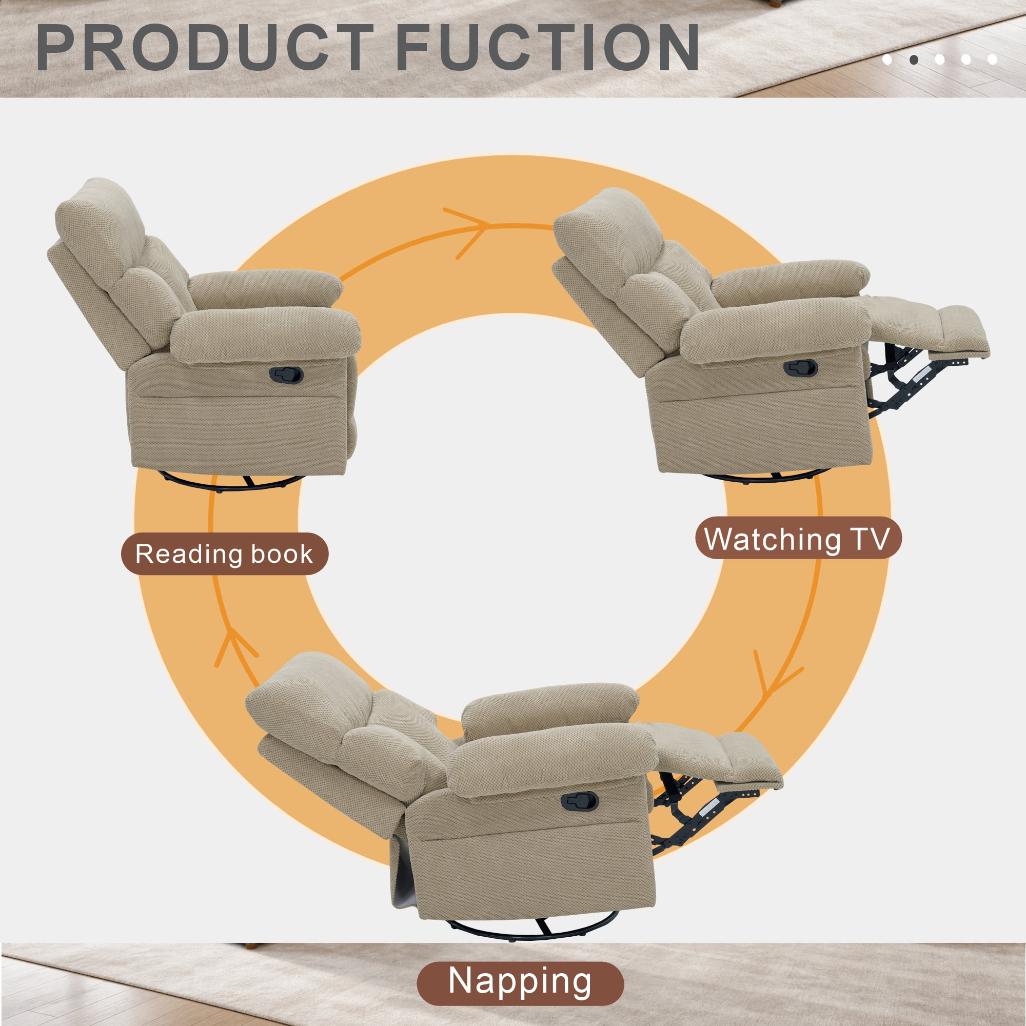 TiramisuBest Manual Swivel Rocker Recliner Chair,Overstuffed Fabric Glider Armchair for Living Room,Camel