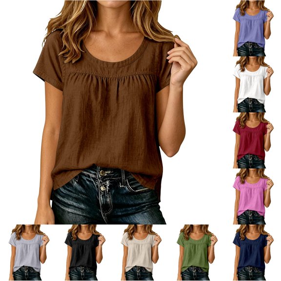 Ulitacool Women'S T Shirts Short Sleeve Round Neck Solid Color Tops Fashion Clothes L Brown