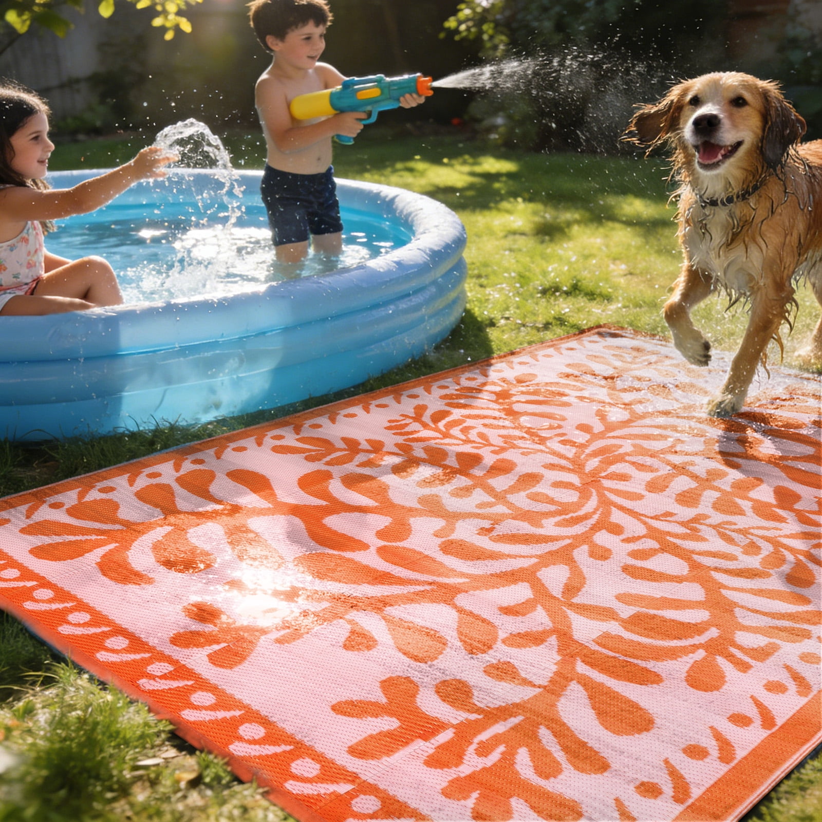 SUNDEREY 8’X10’Outdoor Rug for Patio,Waterproof Beach Mats, Seaweed Pattern Plastic Straw Outdoor Rugs for RV Patio Deck Beach Porch Backyard,Orange