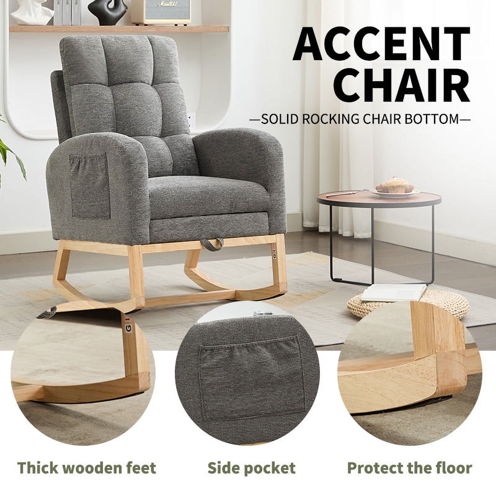 New Nursery Rocking Chair Upholstered Glider Rocker with PP Pillow & Rubber Wood Frame Modern Single Rocking Armchair for Bedroom, Living Room, Balcony, Offices