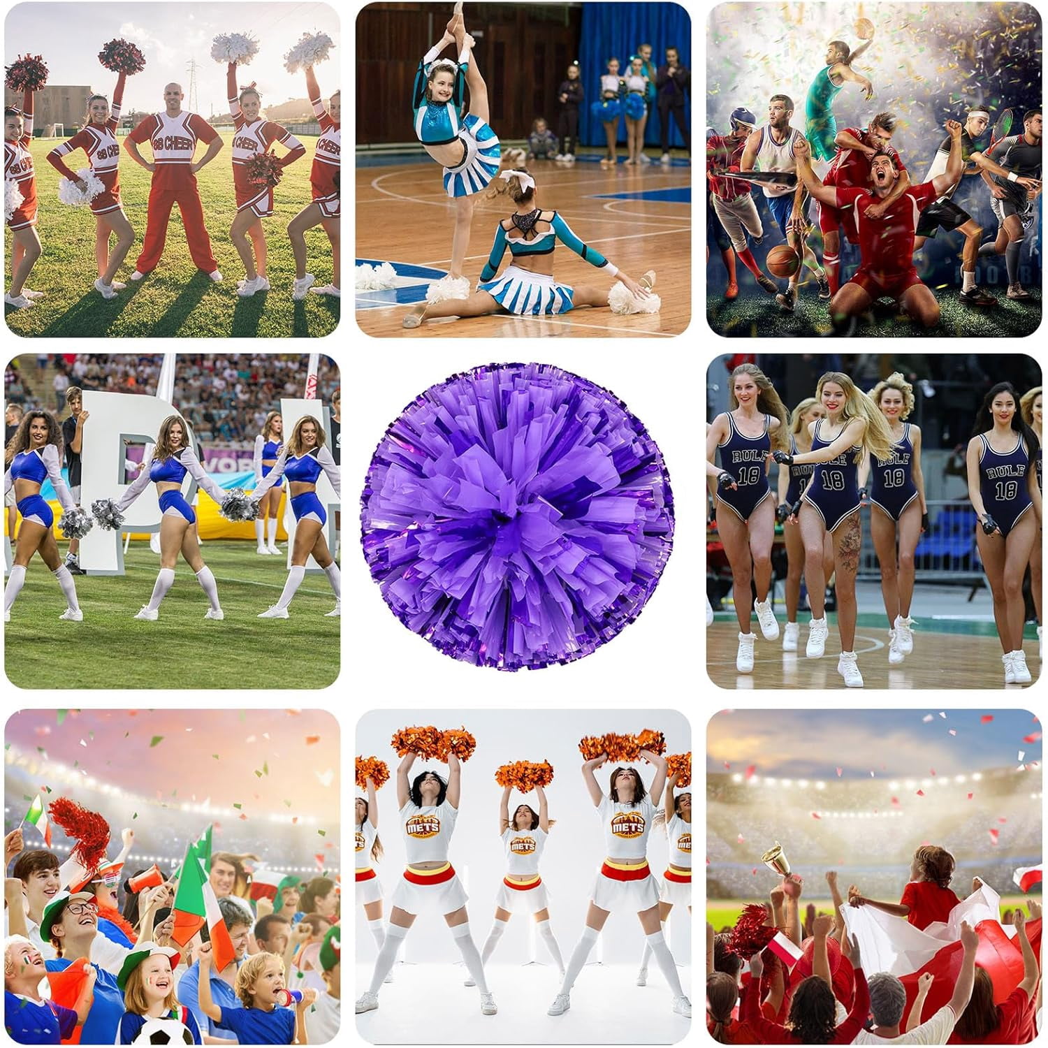 8 PCS Metallic Cheerleading Pom Pom for Team Spirit Sports Dance Cheering Kids Adults-Ring Style