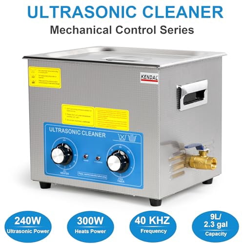 Kendal Commercial Grade 240watts 9L Ultrasonic Cleaner 40kHz with Knobs Timer&Heater Cleaning Machine, for Watch Instruments Industrial Parts Excellent Cleaner Solution