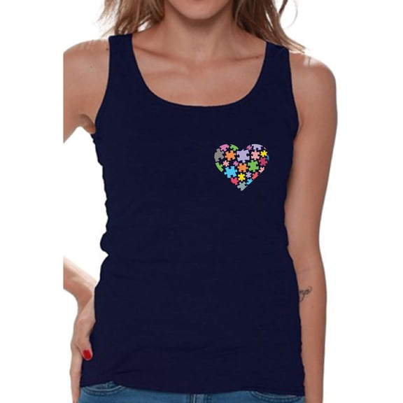 Awkward Styles Autism Awareness Tank Tops for Women Heart Pocket Puzzle Tank Top Autism Gifts Love Puzzle Women's Tank Top Support Autism Awareness Women's Tanks Autistic Spectrum Awareness Tops