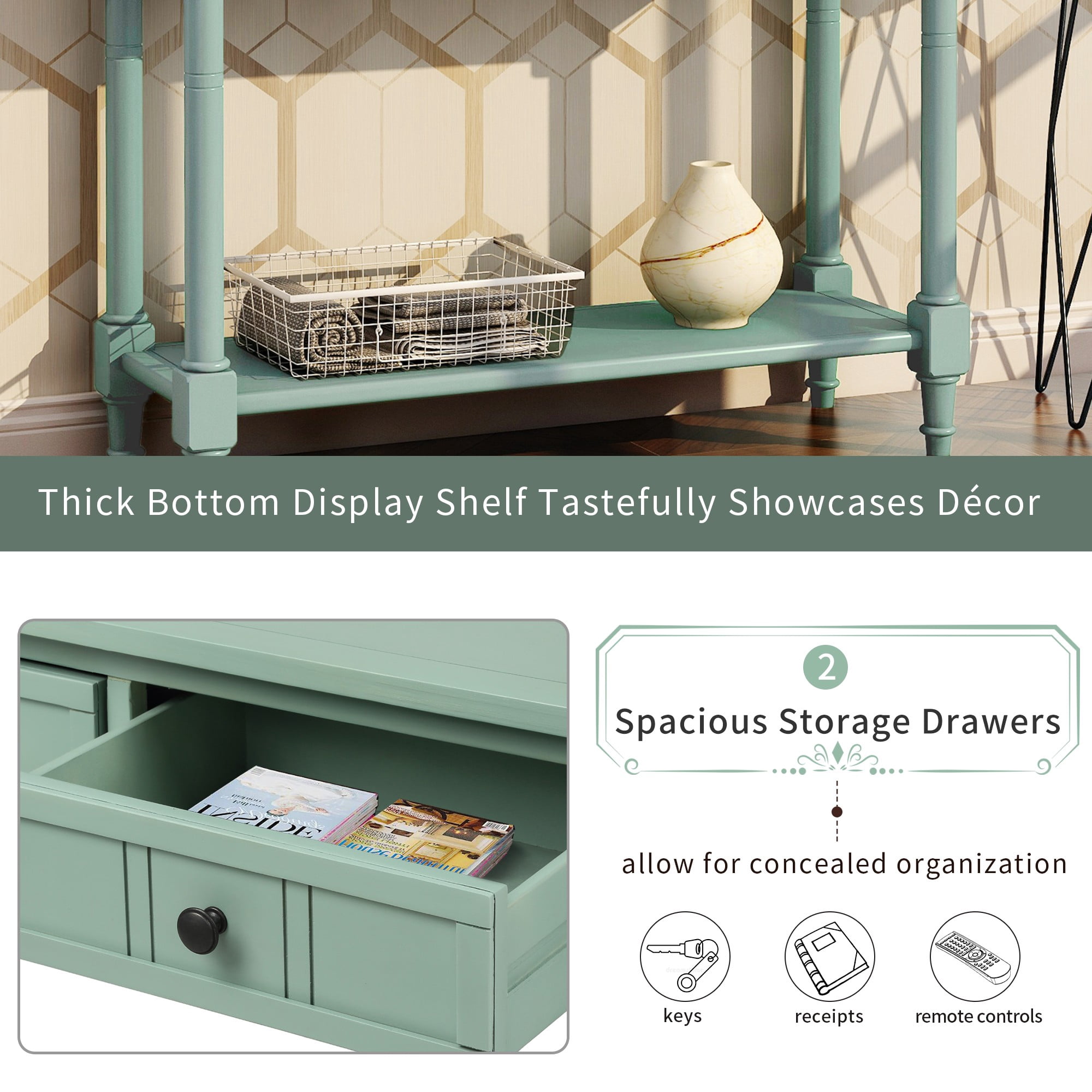35" Console Table with Drawers,Wood Entryway Table Hallway Table with Open Storage for Living Room,Entryway, Hallway,Retro Blue