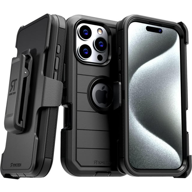 Rome Tech Funda Protectora de Doble Capa a Prueba de Golpes para iPhone 16 Pro con Clip para Cinturón y Soporte, Color Negro
