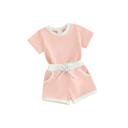 

Infant Baby Girls Summer 2 Piece Outfit Contrast Color Short Sleeve T-Shirt and Elastic Shorts Set