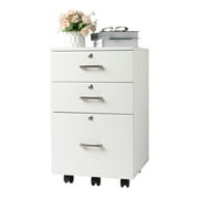 Ktaxon 3-Drawer Rolling Wood File Cabinet with Lock, Portable Vertical Mobile Wooden Storage Filing Cabinet for Home Office,White