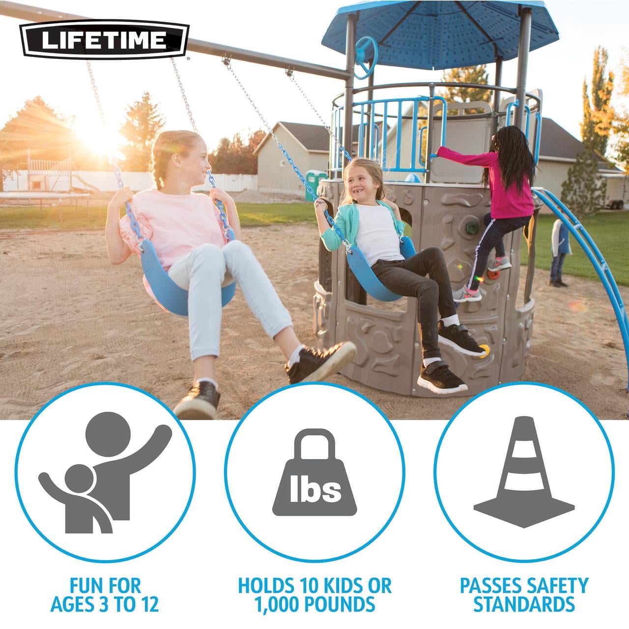 Lifetime Kid's Adventure Tower Swing Set with Slide, Belt Swings and Climbing Wall - Blue(91208)