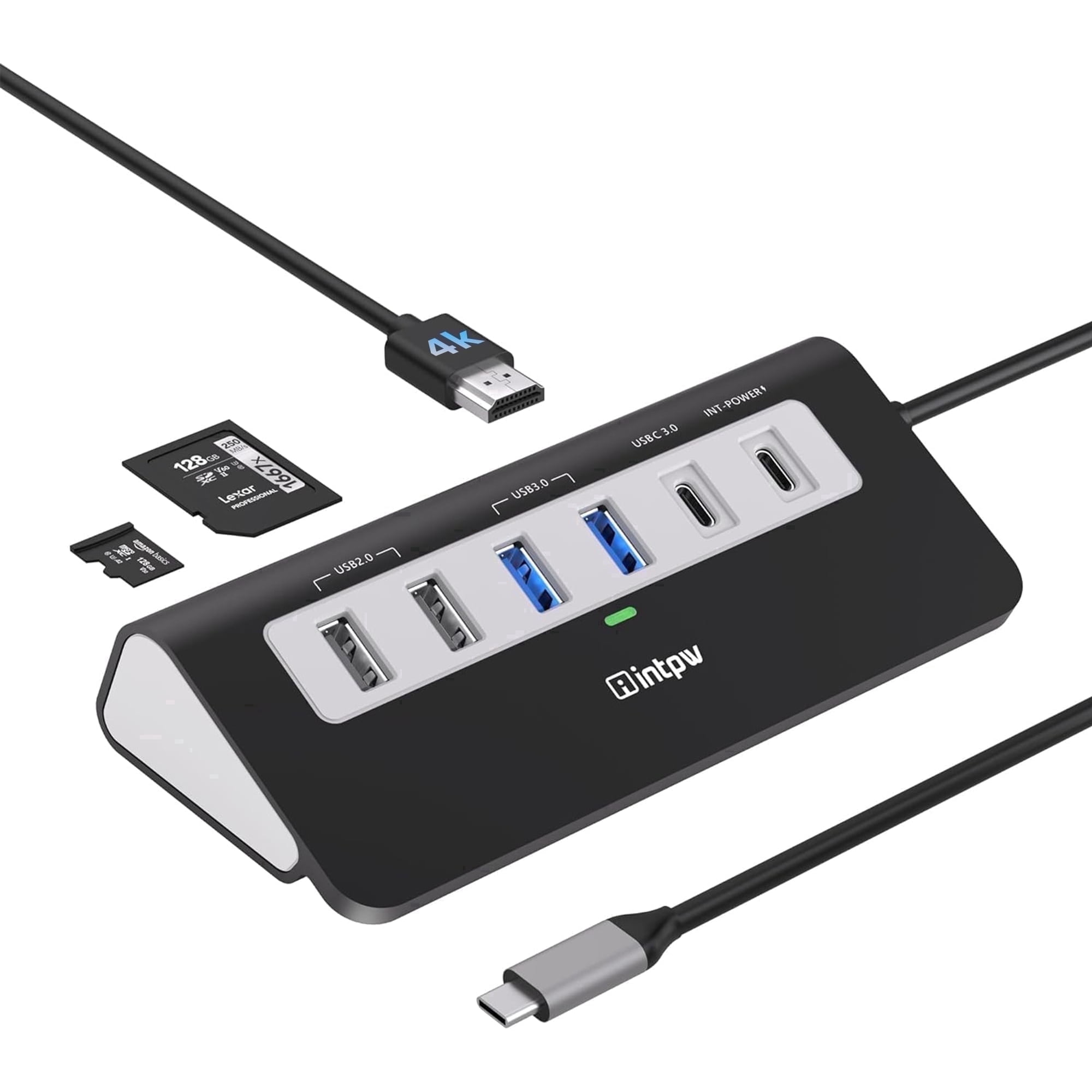 INTPW P9 9-in-1 USB C Hub for Laptop, Black Multiport Adapter with 4K HDMI, 100W PD Charging, USB C and USB A 5Gbps Ports, SD/TF Card Reader, 1.64ft Cable for MacBook, iPad, Windows PC