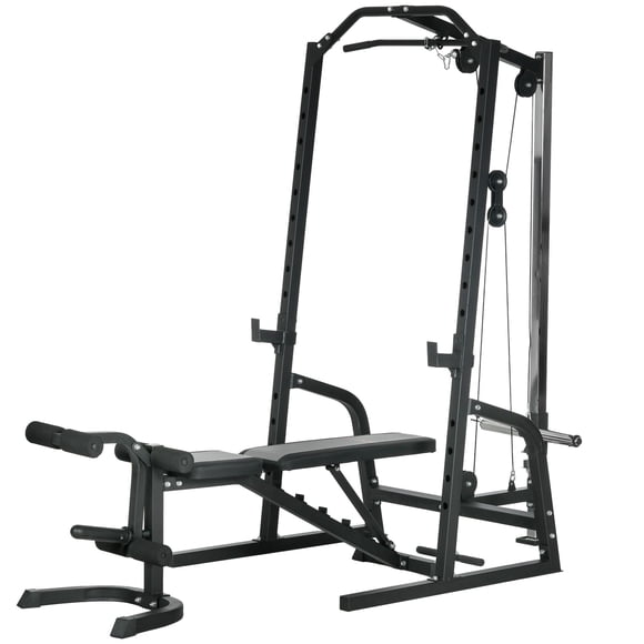 Soozier Multi-Functional Power Cage with Adjustable Bench & Cable System – Black Home Gym Strength Training Rack – 15-Level Squat Rack for Living Room & Garage