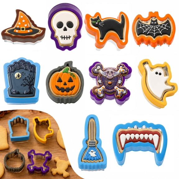AOWOO 10 Pcs Halloween Cookie Cutters 10 Different Shapes, Pumpkin, Ghost, Bat, Cat and Witch's Hat Cookie Molds for Halloween Food Party Decorations