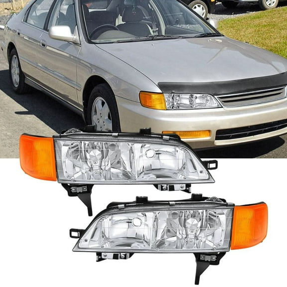 Nilight Headlight Assembly Compatible with 1994 1995 1996 1997 Honda Accord Chrome Housing Amber Reflector Clear Lens Headlights Replacement Driver and Passenger Side
