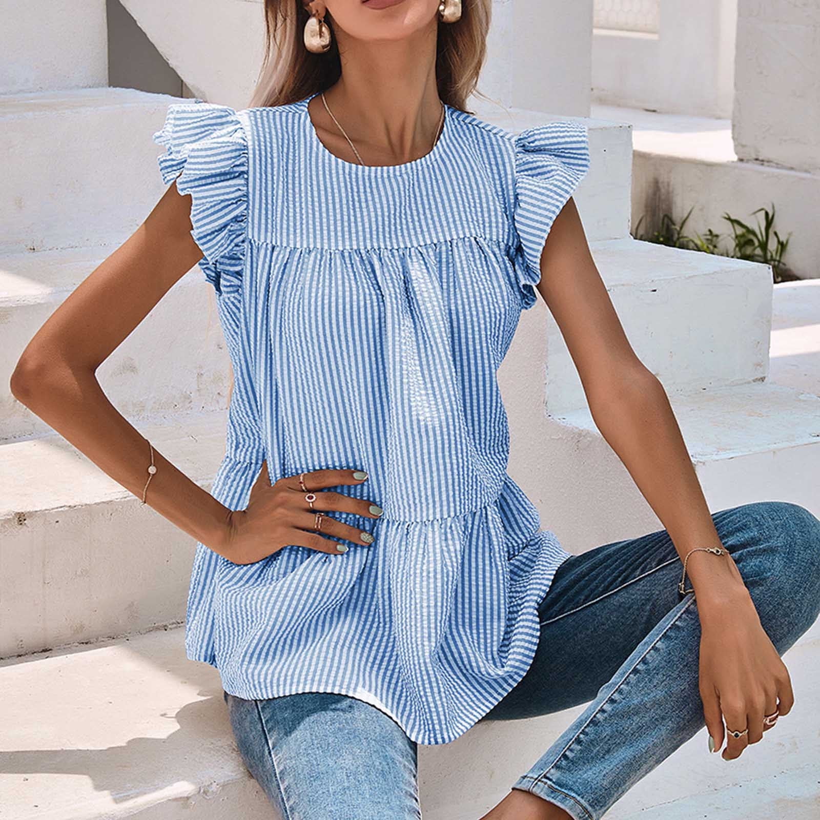 light blue ruffle top