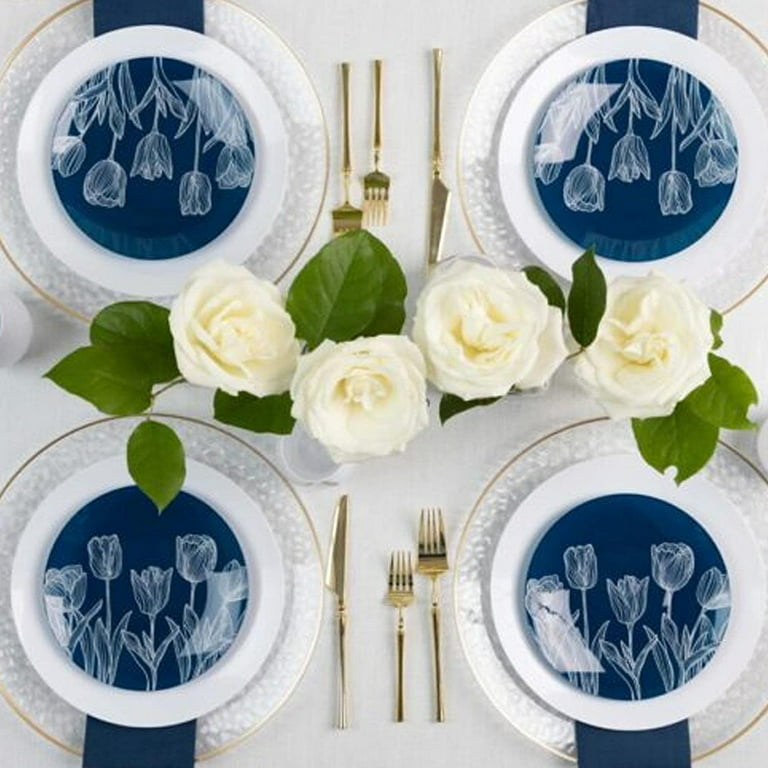 (100 PACK) EcoQuality 7.5 inch Round Navy Blue Plastic Plates with Tulip  Design - Disposable China Like Party Plates, Heavy Duty Dinner Charger