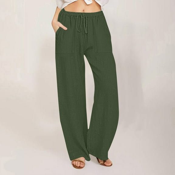 Linen Pants Women Summer Casual Loose Drawstring Pants Wide Leg High Waist Trousers Boho Lounge Beach Pant