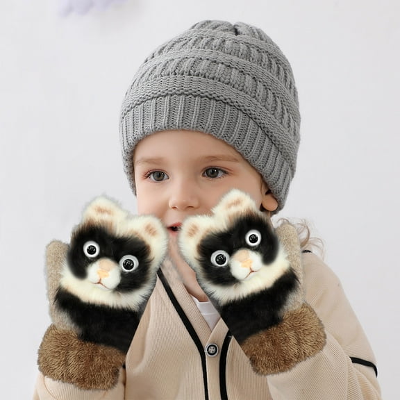 SDJMa Children's Gloves Winter Outdoor Windproof Plus Velvet Warm Lock Temperature Cute Kid Gloves