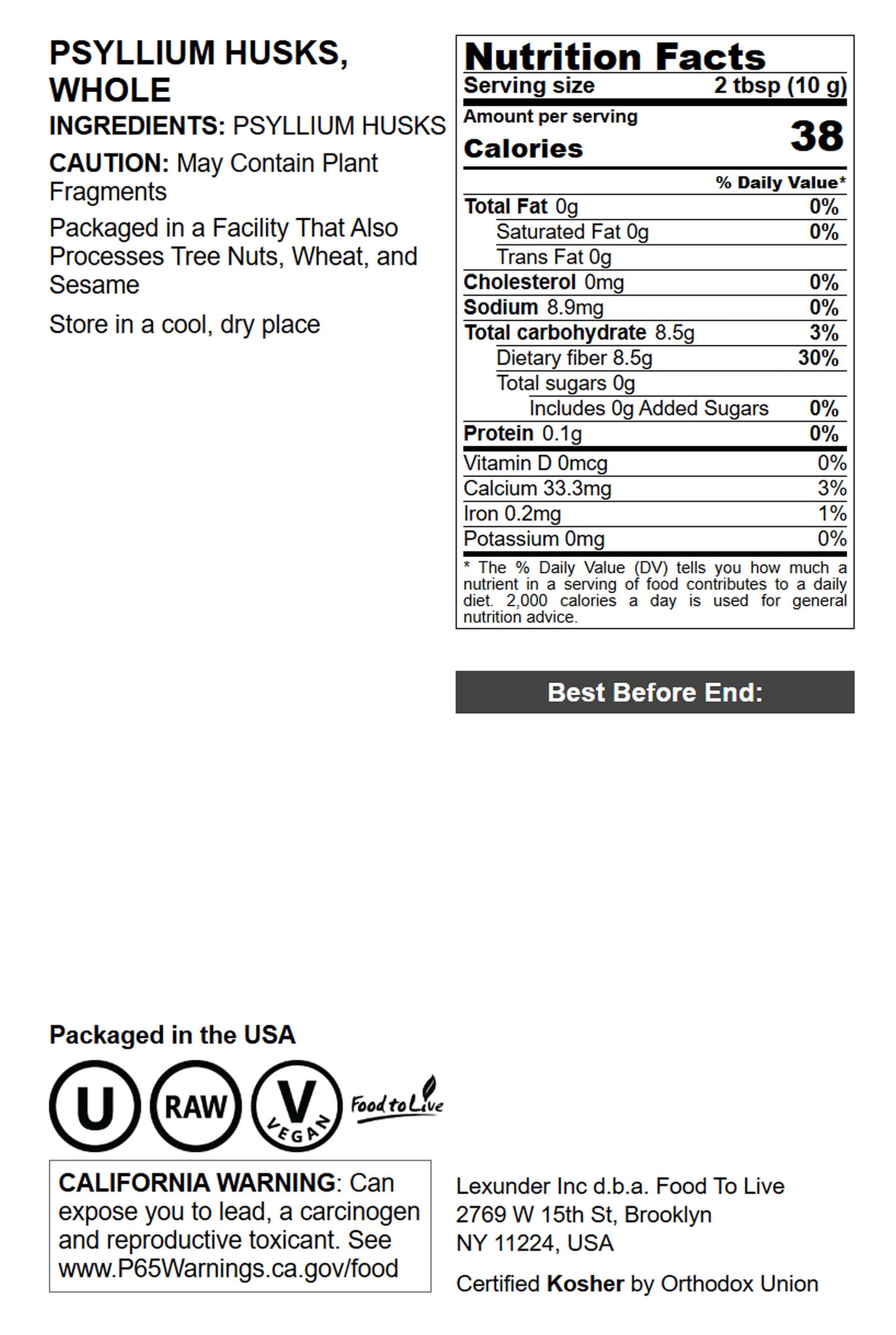 Psyllium Husks, Whole, 10 Pounds — Kosher, Raw, Vegan — by Food to Live