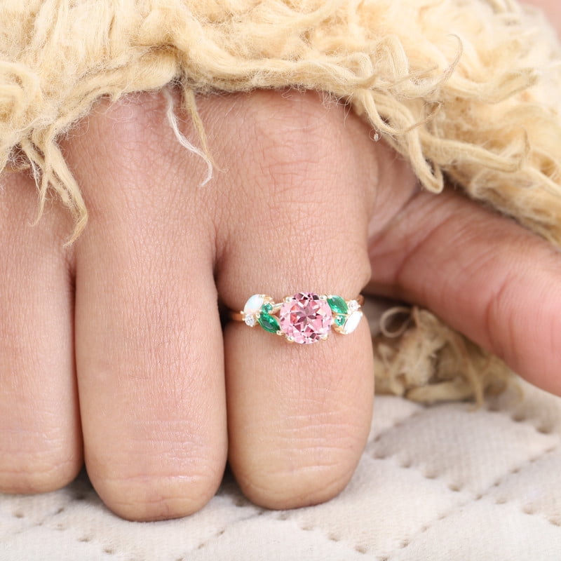 SHEKHAWATJEWELS 6 mm/ 0.75 Round Shape Pink Sapphire Engagement Ring Cluster Opal Emerald Ring For Women Yellow Gold Plated Silver Anniversary Gift For Her