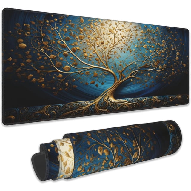 Desk Mat,Blue Golden Tree and Waves Extended Gaming Mouse Pad Large, 31.5"x11.8" 3D Modern Art Landscape Mouse Pad with Non-Slip Base and Stitched Edge,Computer Keyboard Mouse Mat for Home Office
