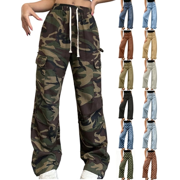 Kmdttou Cargo Plus Size Pants Women Baggy wide leg Camouflage Overalls For Denim Spring And NNew High Waist Slim Green StraightPants For