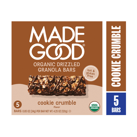 MadeGood Chocolate Drizzled Cookie Crumble Granola Bars, 5 Healthy Snack Bars, 0.85 oz Each