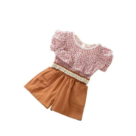 

Rovga Outfits For Toddler Girls Summer Suit Floral Short Sleeved T Shirt Tops Stretch Lace Belt Shorts Suit Two Piece Casual Wear
