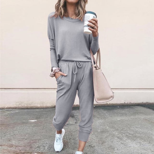 Faithtur Women Autumn Casual Sportswear Set Solid Color Long Sleeve O-neck Pullover+Drawstring Trousers Lady Spring Tracksuit Outfit