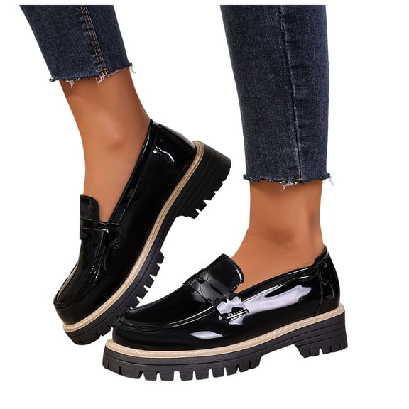 Rokment Women's Classic Leather Platform Oxfords Slip on Penny Loafers 2026 Spring Fall Fashion Casual Solid Color Chunky Lug Sole Mid Heel Walking Dress Shoes Black Size 6