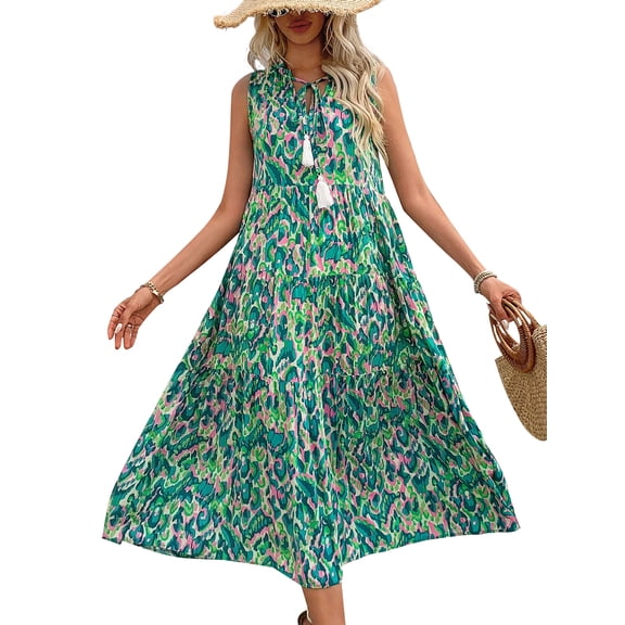 ZOELNIC Women's Summer Boho Dress Sleeveless V-Neck Maxi Sundress, Casual Loose Fit Tie-Dye Print Beach Dress, S