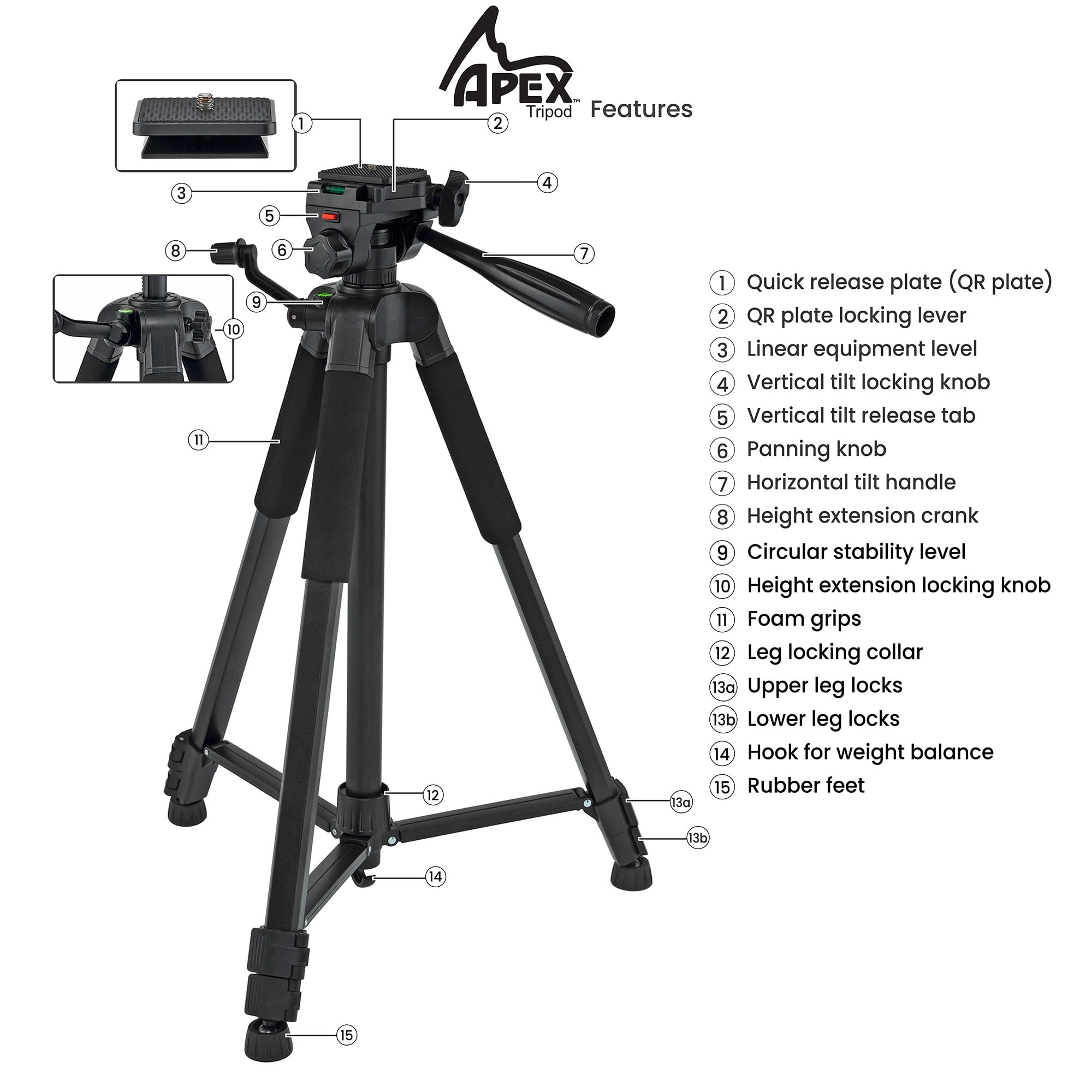 Creative Mark Apex Tripod for Camera - Lightweight Aluminum Camera Tripod Stand with 360° Pan, 90° Forward Backward & Side Tilt, Adjustable Height, Quick-Release Plate and Nylon Carrying Case