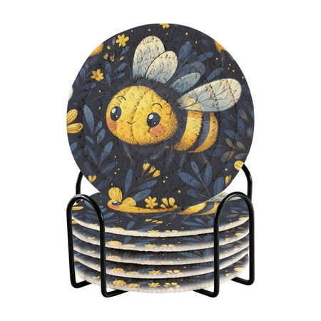 

WOBOGO Cute Cartoon Bumble Bee Pattern Coil Coasters Set of 6 Minimalist Cotton Woven 3.94 inch Non-Slip Insulated and Absorbent Home Accessories.