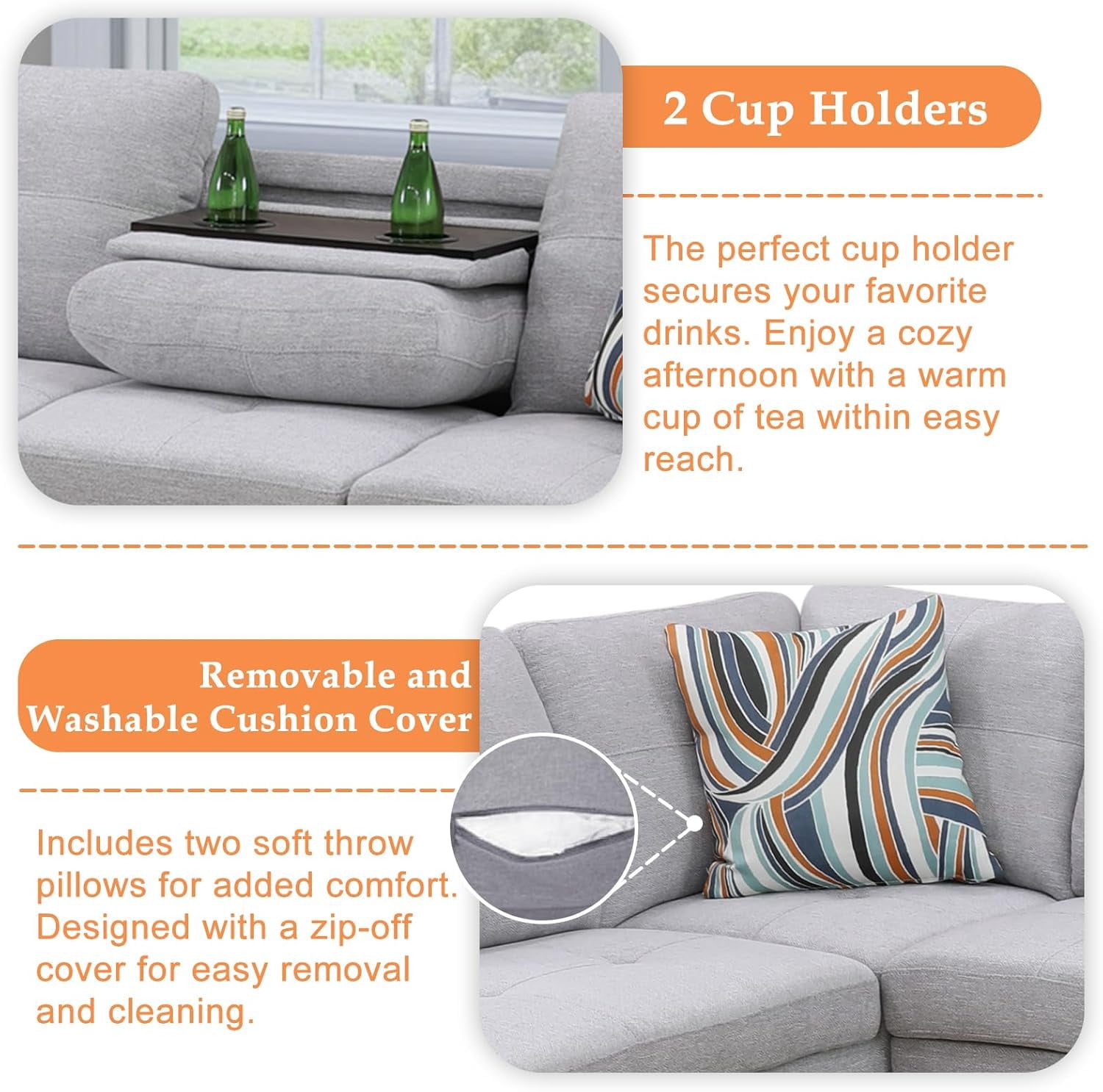 Howcool L Shaped Sectional Sofa, 4 Seater Couch with Chaise Lounge, Storage Ottoman, Cup Holders and Pillows, Modern Linen Fabric Couch for Living Room,Light Gray